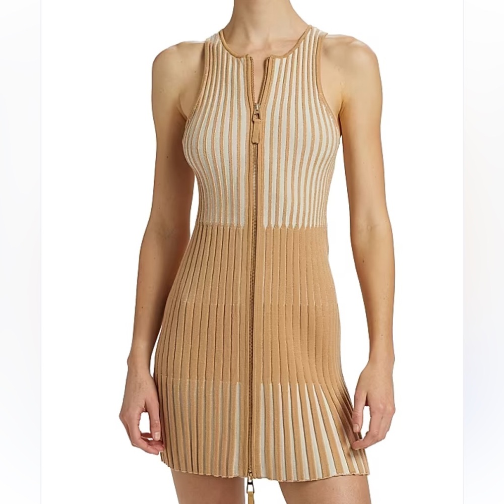 Toccin Lex ribbed knit zip front Tan and Cream Sleeveless Mini Dress